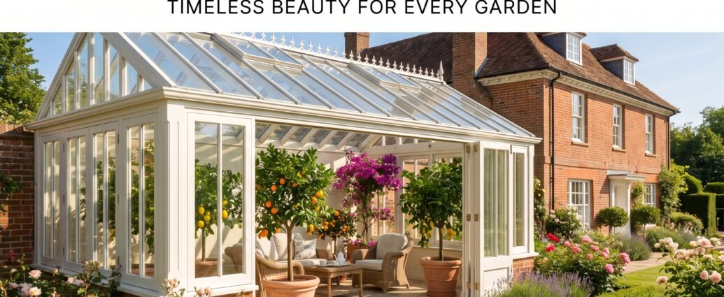 Traditional orangery greenhouse with brick walls, glass roof lantern, citrus trees, and elegant garden seating