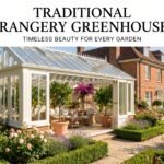 Traditional orangery greenhouse with brick walls, glass roof lantern, citrus trees, and elegant garden seating