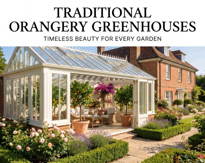 Traditional orangery greenhouse with brick walls, glass roof lantern, citrus trees, and elegant garden seating