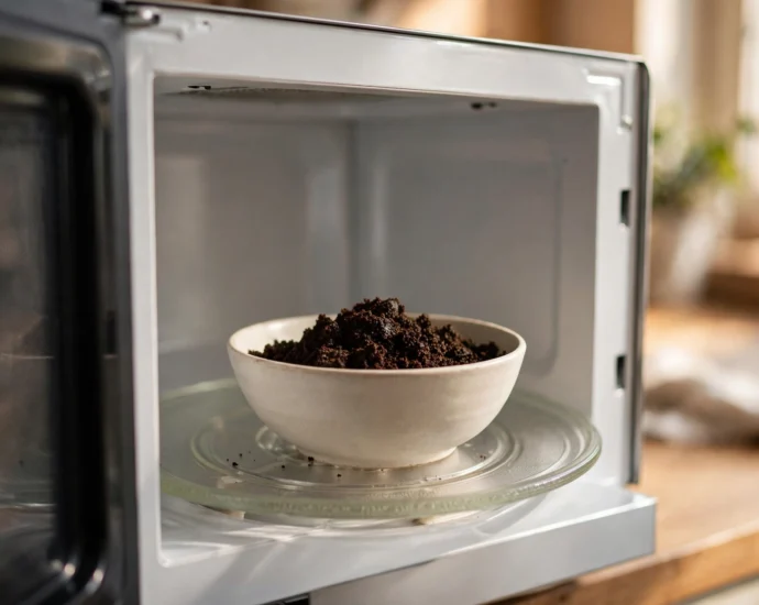 bowl of coffee grounds placed to remove burnt popcorn smell out of microwave