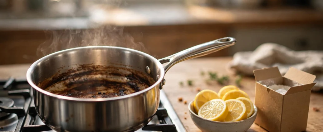scorched saucepan with burnt milk residue, lemon slices and baking soda to remove burnt milk smell from kitchen