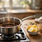 scorched saucepan with burnt milk residue, lemon slices and baking soda to remove burnt milk smell from kitchen