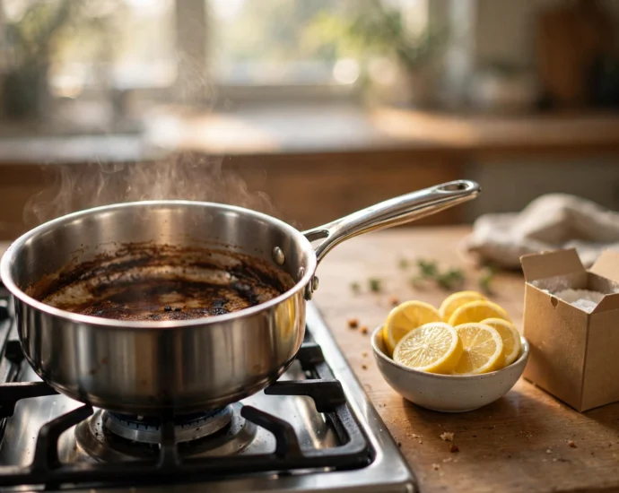 scorched saucepan with burnt milk residue, lemon slices and baking soda to remove burnt milk smell from kitchen
