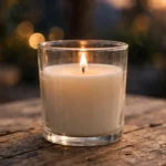lit candle in a glass jar with an even wax surface showing how to stop candle tunneling without foil