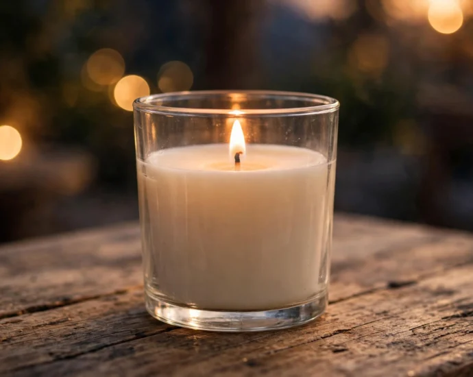 lit candle in a glass jar with an even wax surface showing how to stop candle tunneling without foil