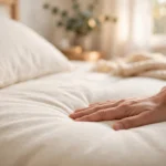 hand smoothing a duvet cover flat to stop duvet cover bunching up inside