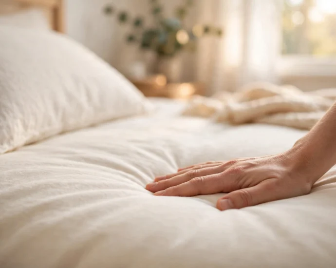 hand smoothing a duvet cover flat to stop duvet cover bunching up inside