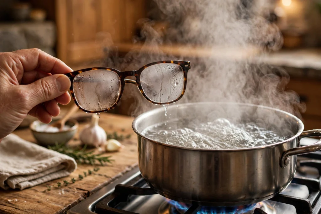 fogged up eyeglasses over steaming pot showing how to stop glasses fogging up when cooking