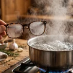 fogged up eyeglasses over steaming pot showing how to stop glasses fogging up when cooking