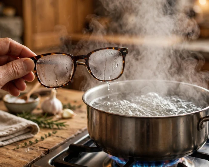 fogged up eyeglasses over steaming pot showing how to stop glasses fogging up when cooking