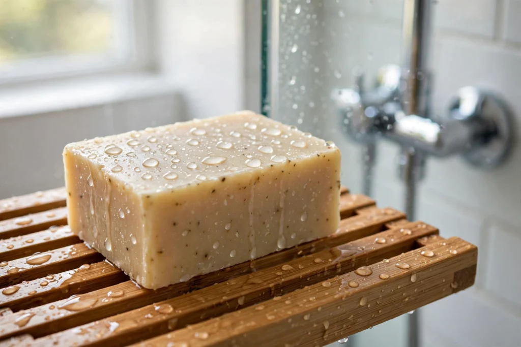 bar of soap on slatted bamboo dish to stop soap bar getting mushy in shower