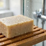 bar of soap on slatted bamboo dish to stop soap bar getting mushy in shower