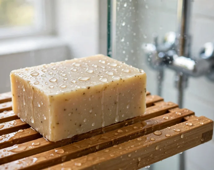 bar of soap on slatted bamboo dish to stop soap bar getting mushy in shower