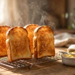 warm toast slices standing upright in a wire rack to keep toast warm without getting soggy
