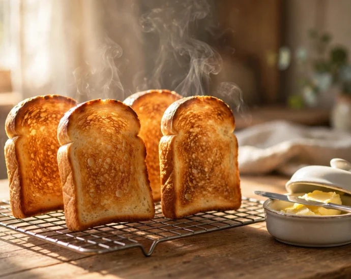 warm toast slices standing upright in a wire rack to keep toast warm without getting soggy
