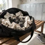 open gym bag with charcoal sachets and crumpled newspaper — how to freshen a gym bag without washing it