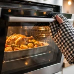 clear oven door glass with golden roast visible, showing how to keep oven door glass from getting cloudy