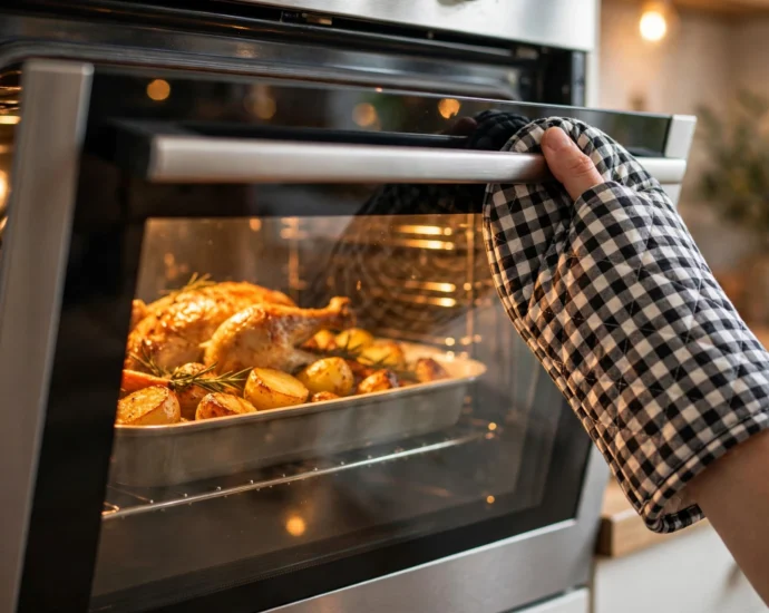 clear oven door glass with golden roast visible, showing how to keep oven door glass from getting cloudy