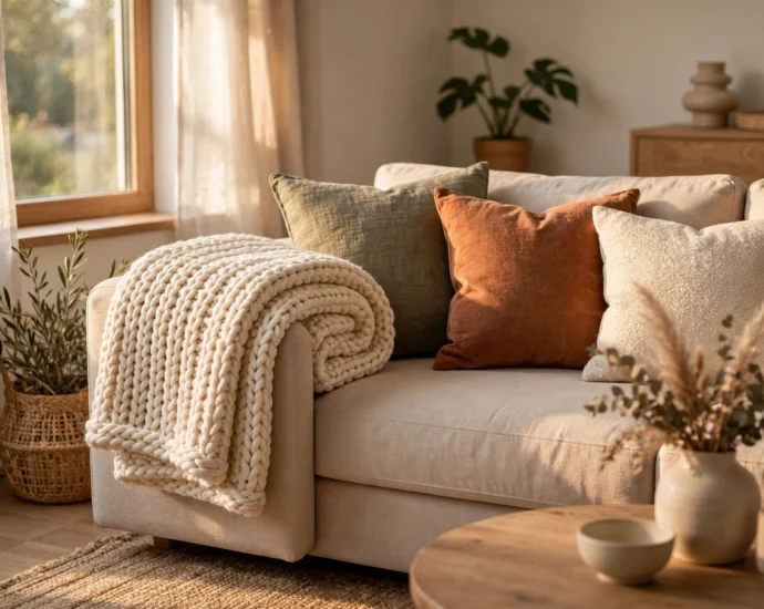 folded chunky-knit throw blanket from sliding off, draped on couch arm