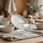 dishes resting on a fabric dish drying mat to stop dish drying mat from smelling