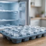 silicone ice cube tray with ice cubes at an open freezer showing silicone ice cube trays smelling like freezer