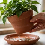 hand lifting a potted plant to reveal pooled water in the saucer — how to stop water pooling in plant saucer
