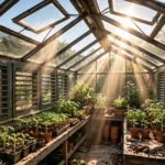open roof vents and louvered side vents to ventilate greenhouse without electricity
