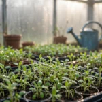 seed trays with young seedlings to start seeds in unheated greenhouse