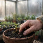 hand checking moist soil of a potted plant to decide how often to water greenhouse plants in winter