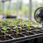 healthy seedlings in a seed tray with a fan showing how to prevent damping off in greenhouse seedlings