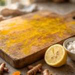 wooden cutting board with turmeric stains, lemon half and baking soda paste to remove turmeric stains from wooden cutting board