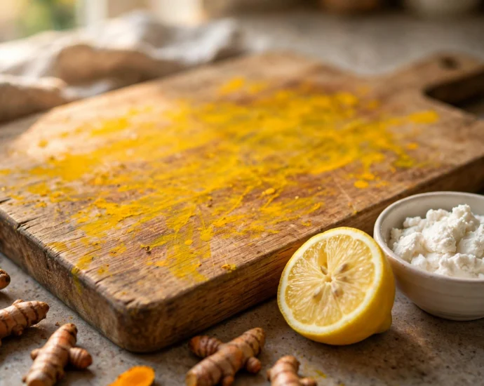 wooden cutting board with turmeric stains, lemon half and baking soda paste to remove turmeric stains from wooden cutting board