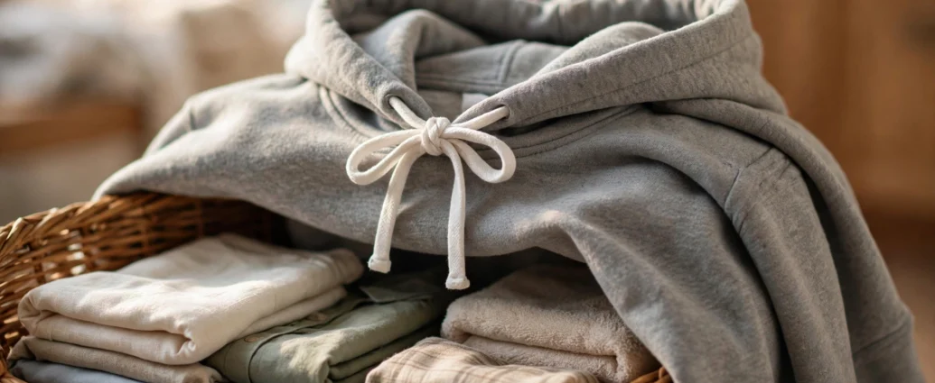 gray hoodie with drawstrings tied in a bow to stop hoodie drawstrings disappearing in wash, draped over laundry basket