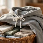 gray hoodie with drawstrings tied in a bow to stop hoodie drawstrings disappearing in wash, draped over laundry basket