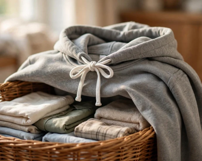 gray hoodie with drawstrings tied in a bow to stop hoodie drawstrings disappearing in wash, draped over laundry basket