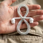 wired earbuds wrapped in a figure-eight coil to keep earbuds from tangling in pocket