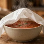 bowl of soup with a paper towel tented over it to keep soup from splattering in microwave