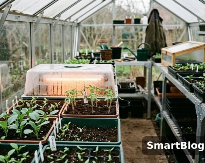 seed trays with young seedlings inside a greenhouse - seeds to sow in october greenhouse